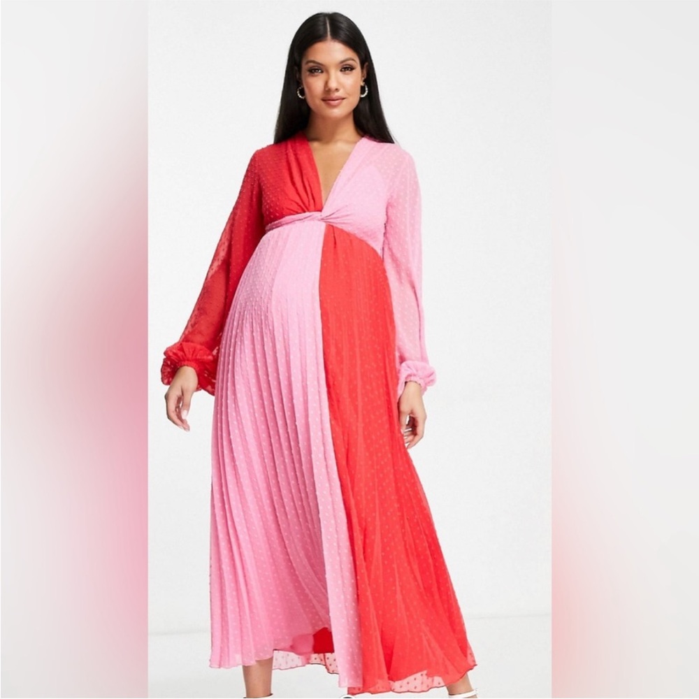 ASOS DESIGN Maternity Dobby Twist Front Pleated Midi Dress